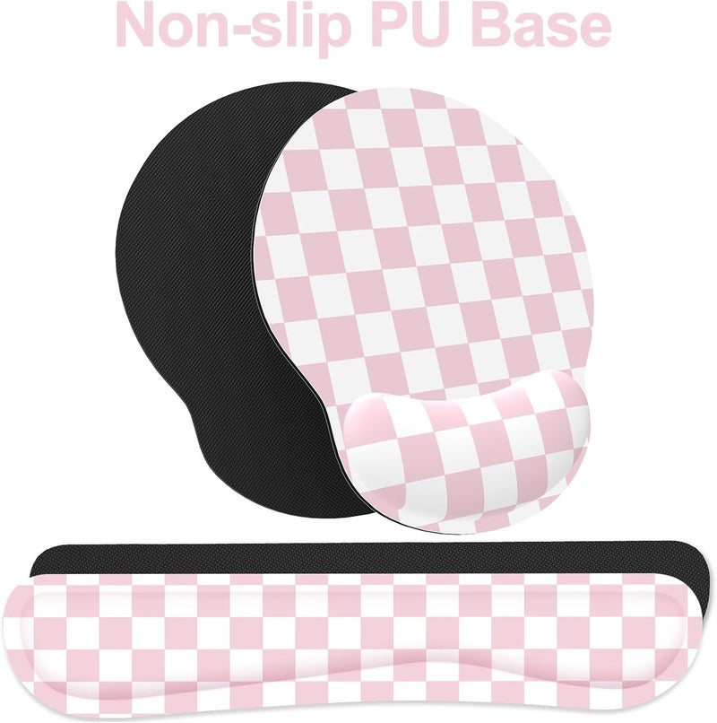 JIGOO Ergonomic Mouse Pad with Wrist Rest and Keyboard Wrist Rest, Mousepad and Wrist Rest for Computer Keyboard, Pain Relief, Non-Slip Base, Mouse Pad with Wrist Support for Gaming, Office, Pink Checkered - Image 4